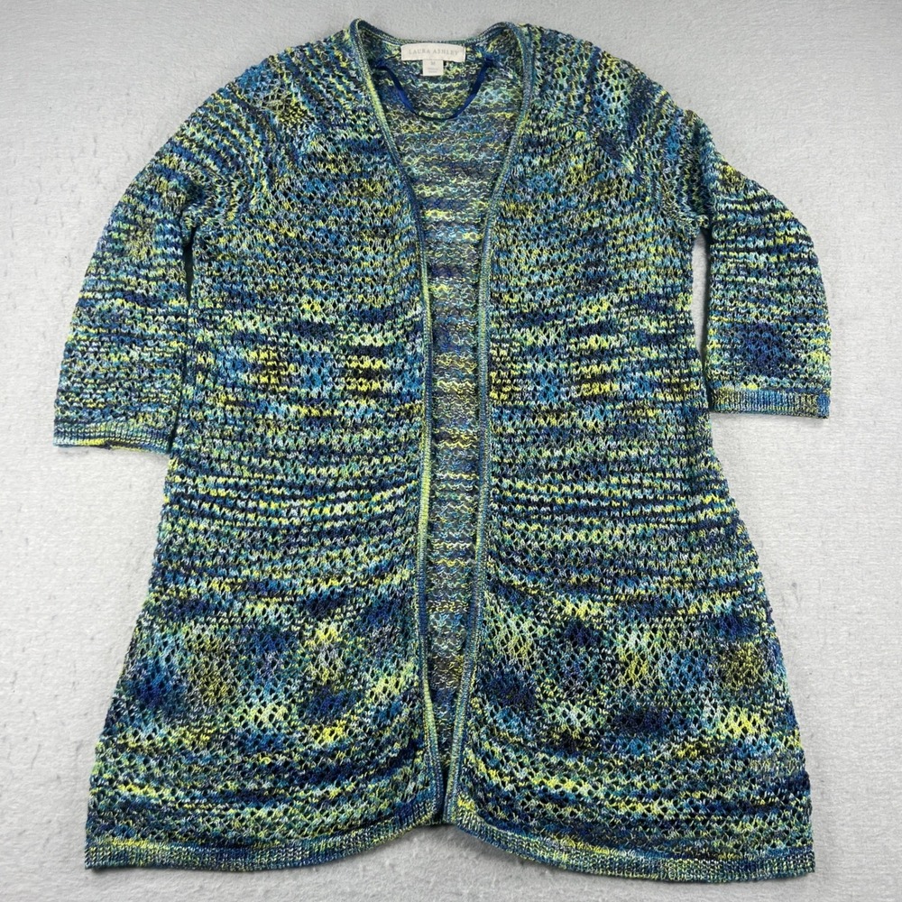 Laura‎ Ashley Womens Crochet Open Knit Tunic Cardigan Sweater Blue Lime Medium